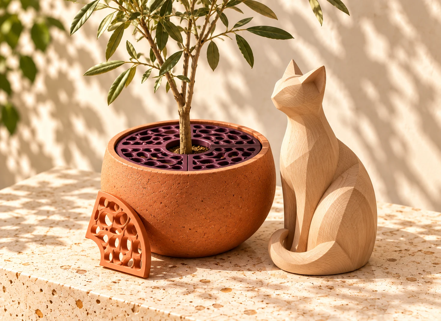 A plum soil cover in a terracotta plant pot beside a carved wooden cat and an orange cover segment.
