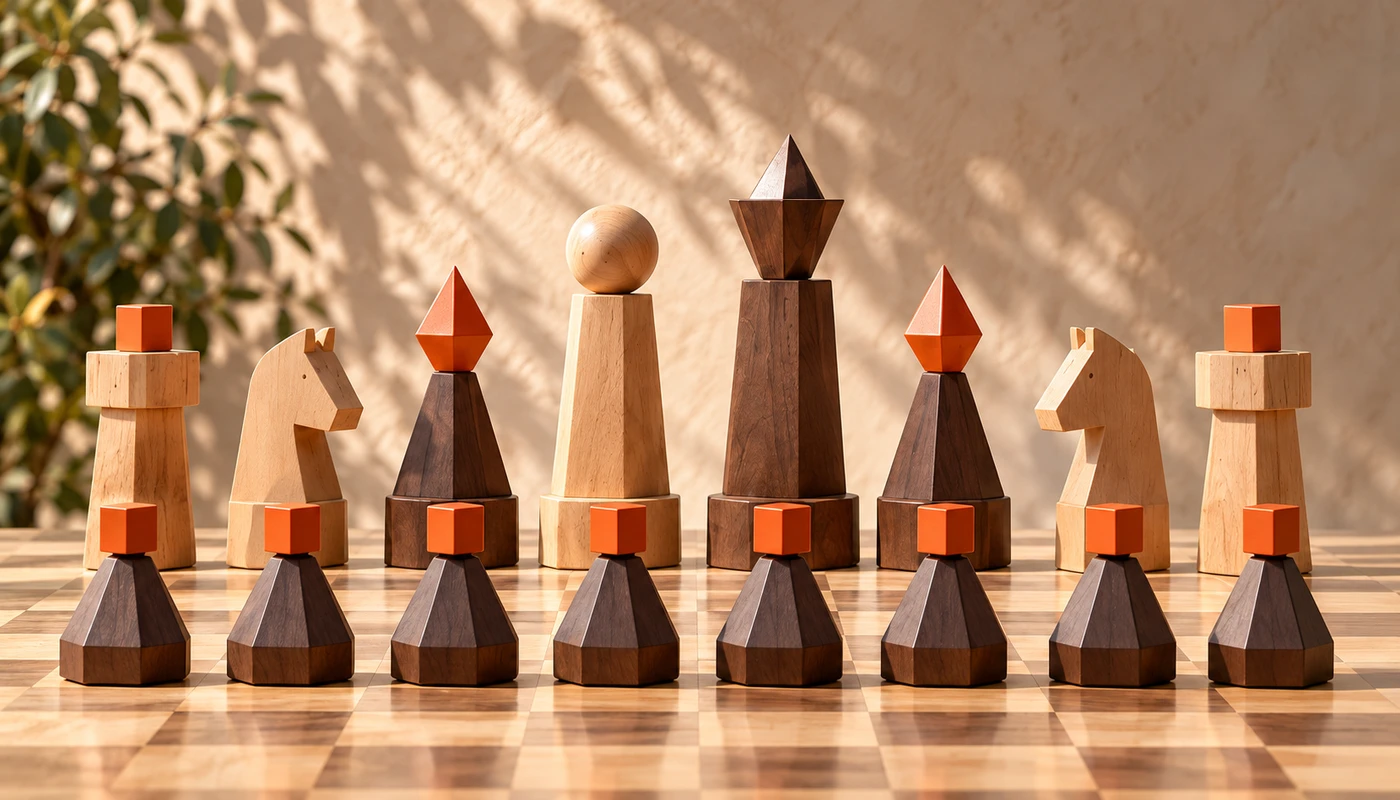 Concept study: eight geometric pawns before eight main chess pieces, combining natural wood, walnut and orange accents.