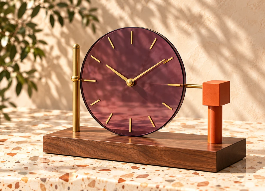 Concept study: a sculptural desk clock with a plum glass face, brass hands, walnut base and orange accent.