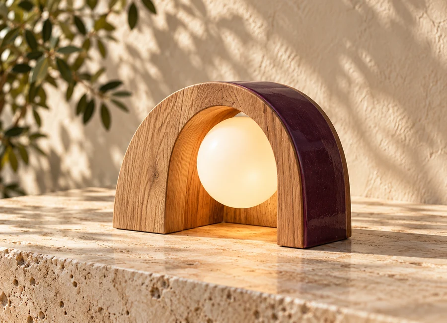 Concept study: an oak and plum arch-shaped lamp with a warm opal glass light.
