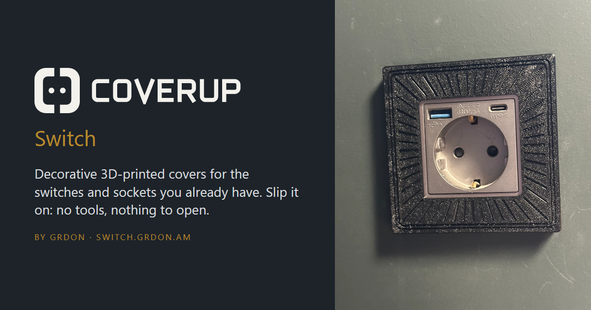 COVERUP Switch identity beside a real black Art deco sunburst cover fitted over a socket with USB ports.