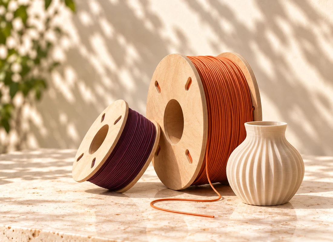 Orange and plum filament on wooden spools beside a cream 3D printed vase.