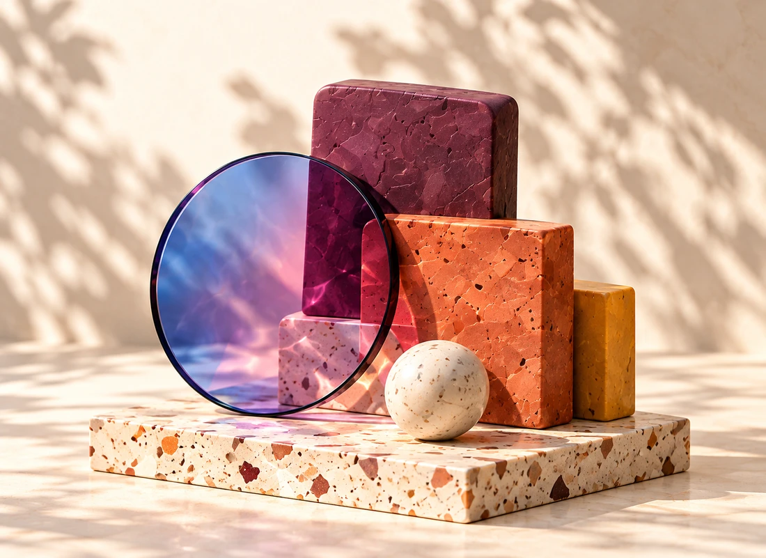 Plum, terracotta and ivory material samples beside a tinted glass disc.