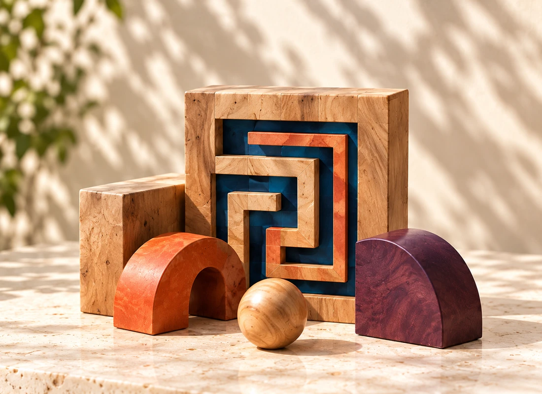 A wooden maze with navy and terracotta pathways, small wooden pieces and spheres.